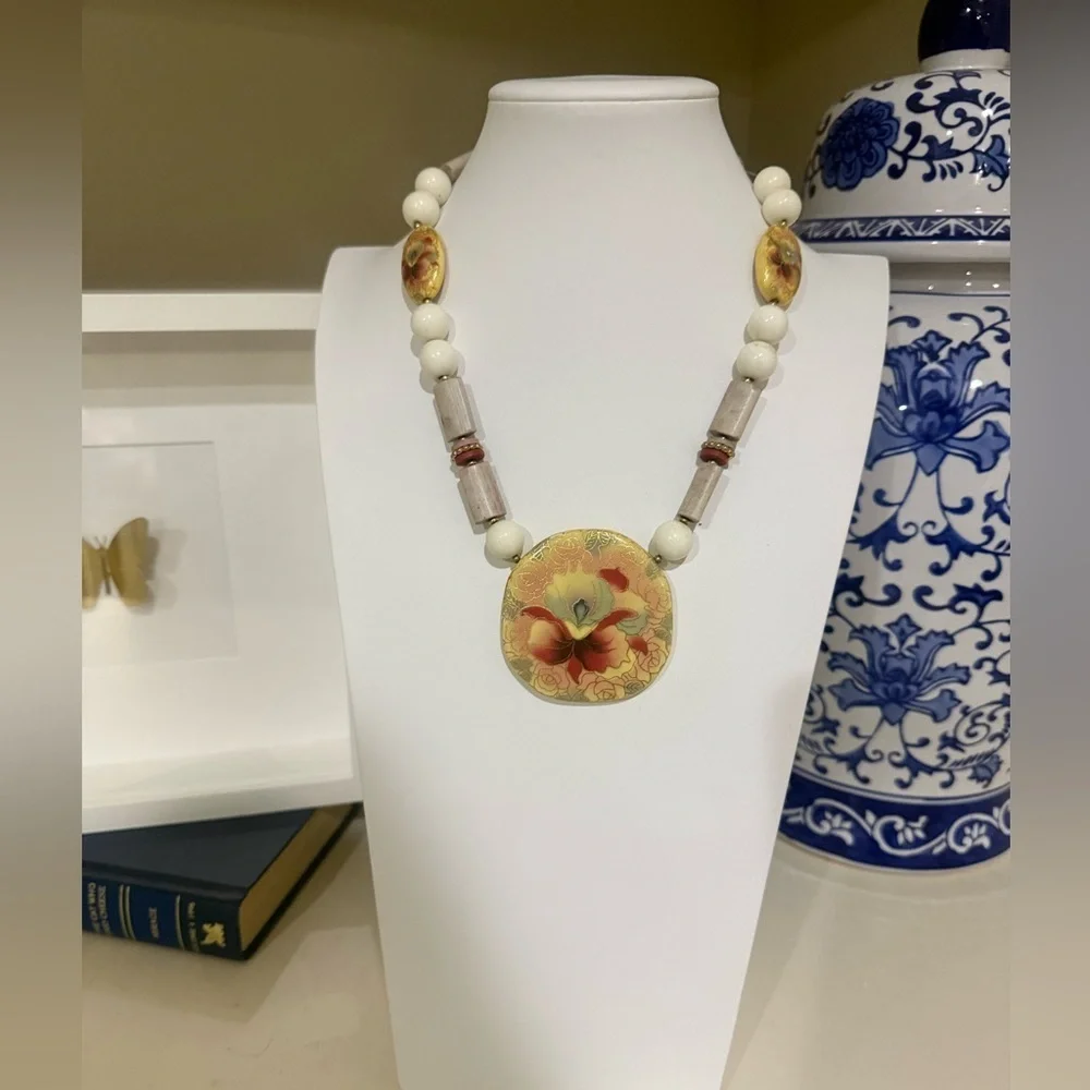 1980's Japanese Big Ceramic Medallion Beaded Necklace With Orchid